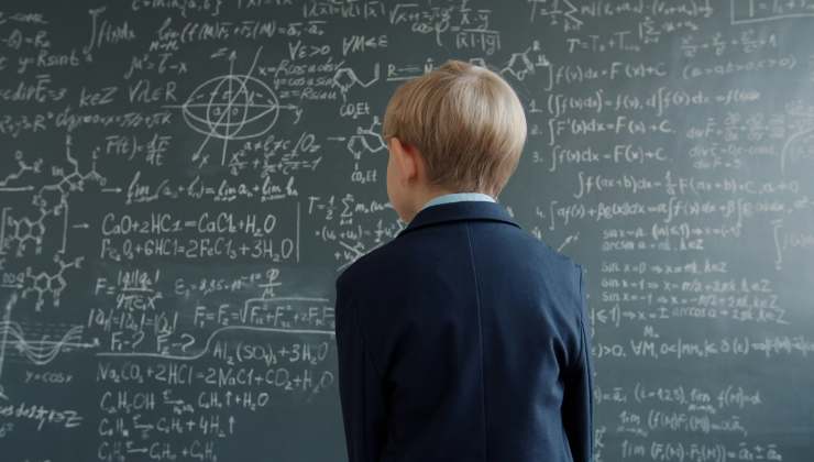 bambino di spalle con lavagna e numeri